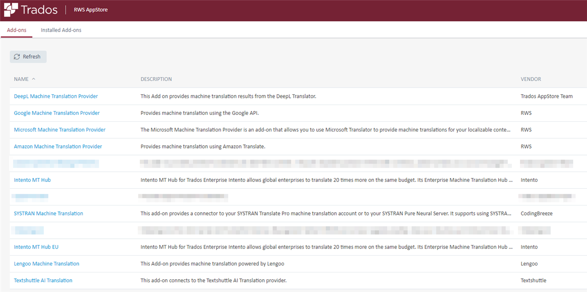 Screenshot of Trados RWS AppStore showing a list of machine translation providers including DeepL, Google, Microsoft, Amazon, Intento, SYSTRAN, and Textshuttle.