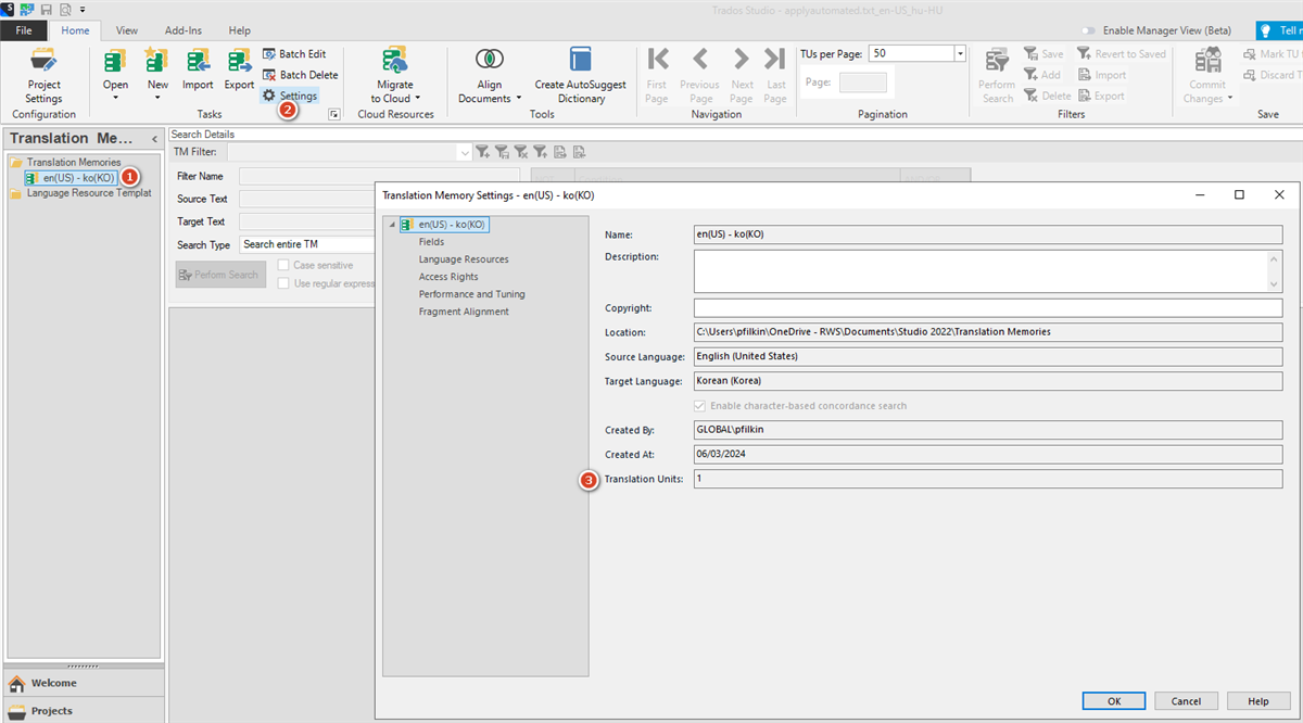 Trados Studio interface showing Translation Memories section with an English (United States) to Korean (Korea) TM selected. Settings tab is open displaying Translation Memory Settings with 1 Translation Unit.