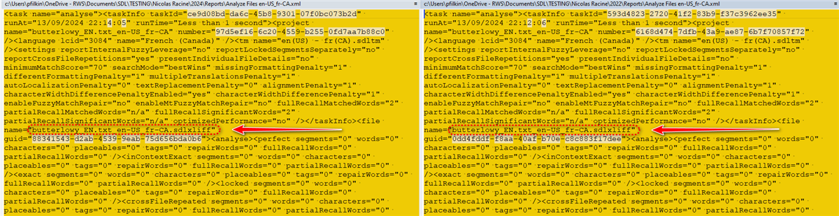 Side-by-side comparison of XML code in Trados Studio reports, highlighting identical file names with arrows, differences in GUIDs noted.