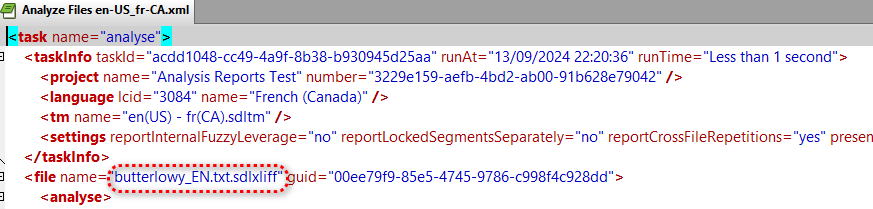 Close-up of XML code from Trados Studio showing task details with 'analyse' task name and file name 'butterlowy_EN.txt.sdlxliff'.
