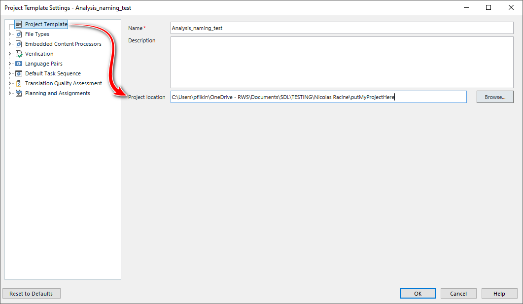 Screenshot of Trados Studio Project Template Settings showing the 'Project Template' section highlighted with a red arrow pointing to the 'Project location' field containing a file path.