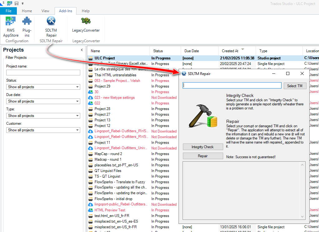 Screenshot of Trados Studio interface showing the SDLTM Repair plugin under the Add-Ins tab with a project list on the left.