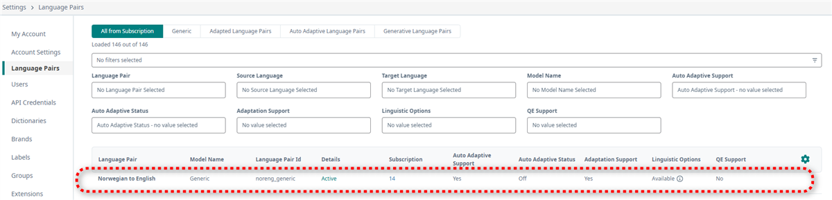 Language Weaver portal settings showing 'Norwegian to English' language pair as active with available linguistic options, but no specific model selected.
