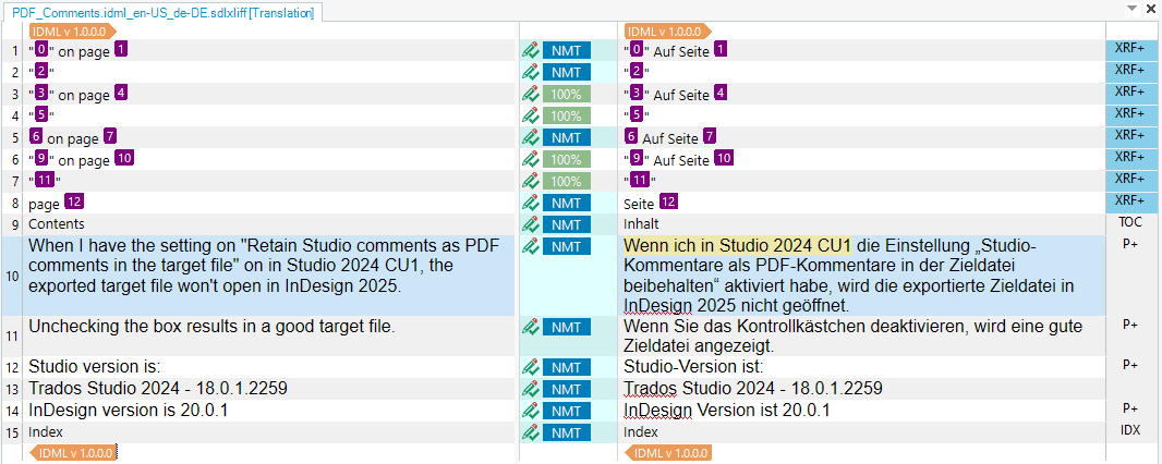 Screenshot of Trados Studio interface showing comments and translation progress with a note about an issue with Studio comments as PDF comments in the target file.