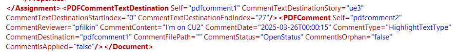 Snippet of XML code with a comment from a user named 'pfilkin' stating 'I'm on CU2' and other XML elements.