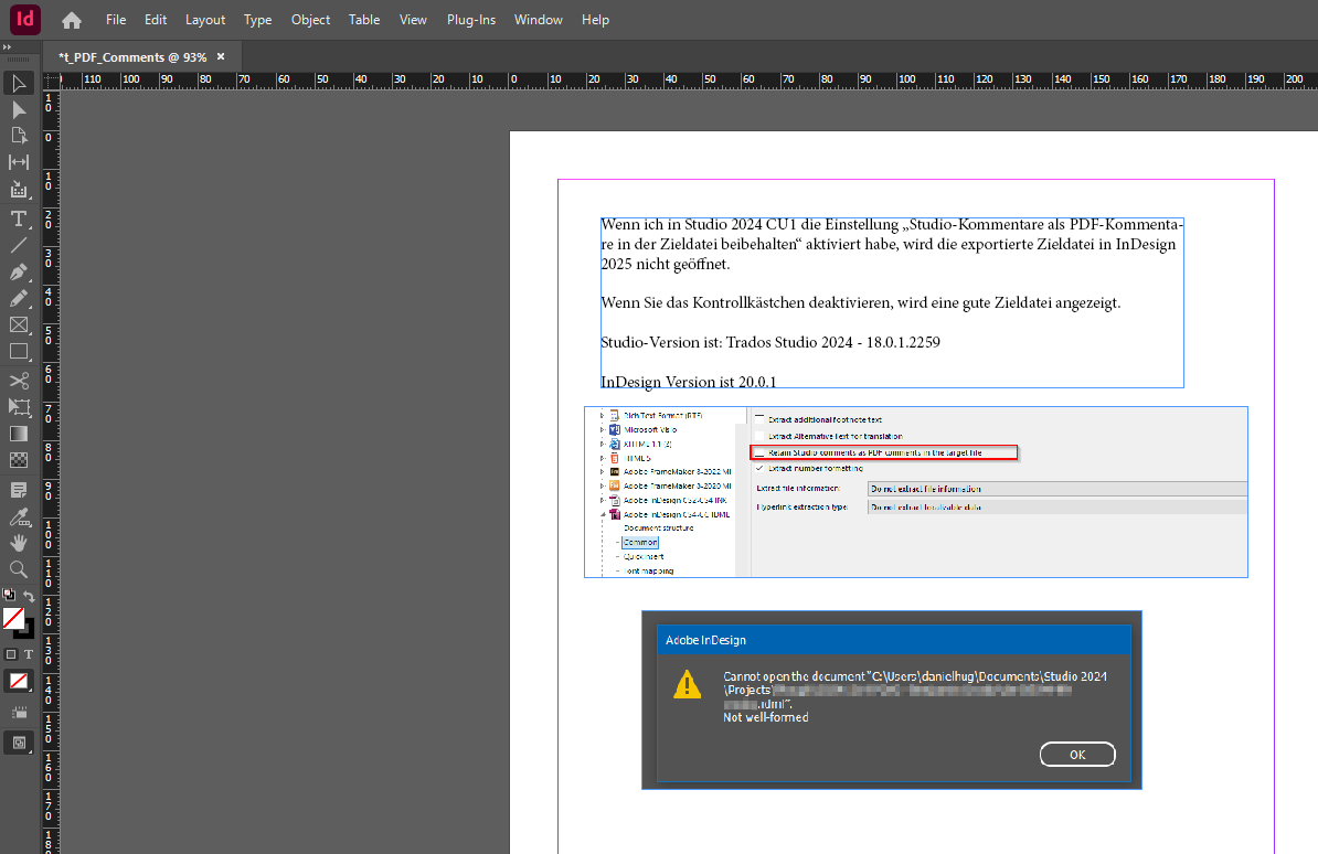 Screenshot of Adobe InDesign error message 'Cannot open the document... Not well-formed' with Trados Studio and InDesign versions listed in the background.