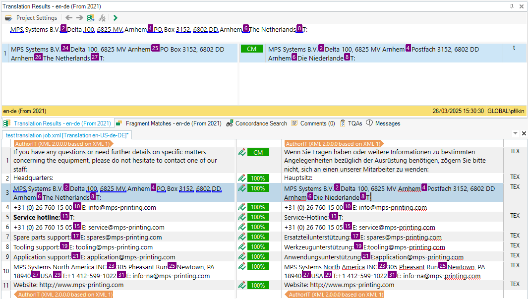 Screenshot of Trados Studio software showing a comparison of translation results between versions from 2021 and 2024. The text includes addresses and contact information with some words highlighted in green, indicating 100% match from the translation memory.