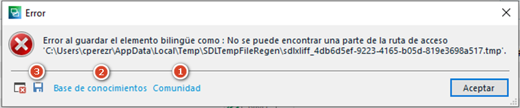 Error dialog box from Trados Studio with a message in Spanish indicating a failure to save a bilingual element due to a missing file path, with options for Knowledge Base and Community.