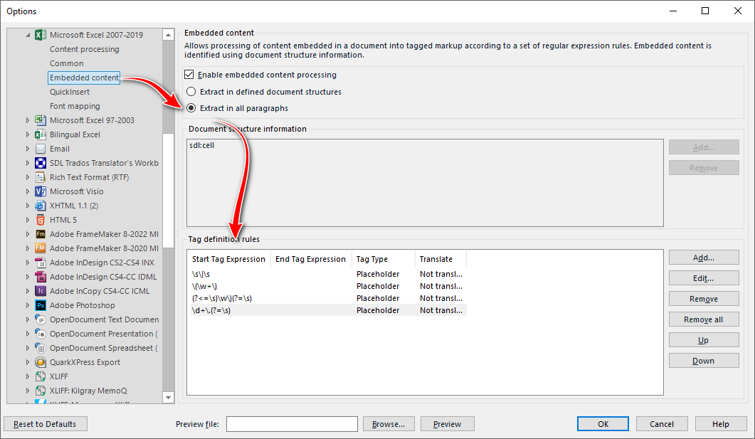 Screenshot of Trados Studio options menu showing Embedded Content settings with arrows pointing to Document Structure Information and Tag Definition Rules.