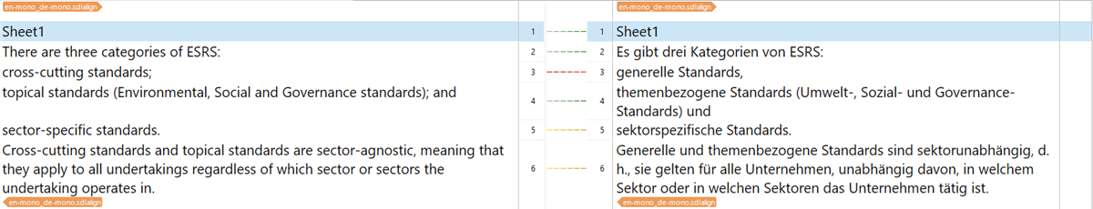 Screenshot of a bilingual Excel file in Trados Studio with English text on the left and German translation on the right, indicating segmentation of text.