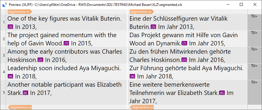 Screenshot of Trados Studio preview showing segmented XLIFF file with English source and German target text. File named 'segmented.xliff' with segments numbered 1 to 5.