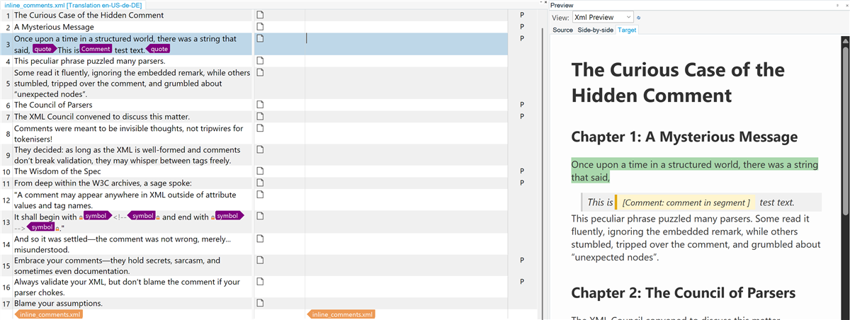 Screenshot of Trados Studio interface displaying a translation grid on the left and an XML preview on the right. The XML comment is visible as 'Comment: comment in segment' in the preview.