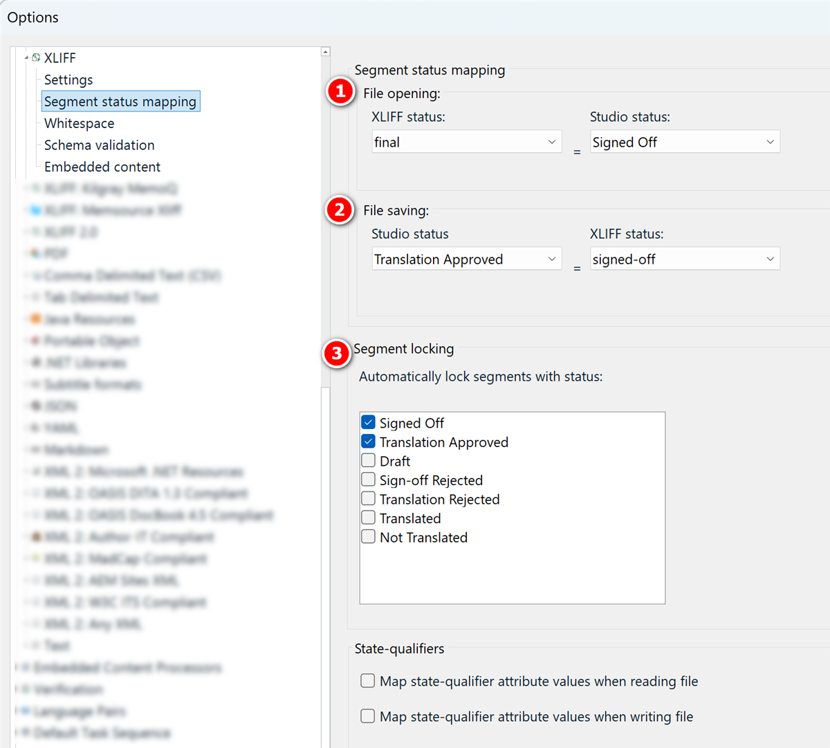 Trados Studio options window showing XLIFF settings with Segment status mapping selected. Includes file opening, file saving, and segment locking configurations.
