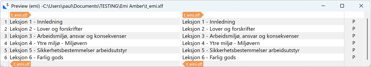 Screenshot of Trados Studio showing a preview of the file t_emi.xlf. The left column contains source text in Norwegian, and the right column contains identical target text in Norwegian.