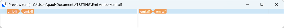 Screenshot of Trados Studio showing a preview of two emi.xlf files side by side, with orange labels indicating the file names.