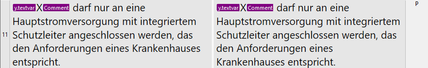 Screenshot showing text with inline tags 'y.textvar' and 'Comment' along with an added 'X' character before the German text.