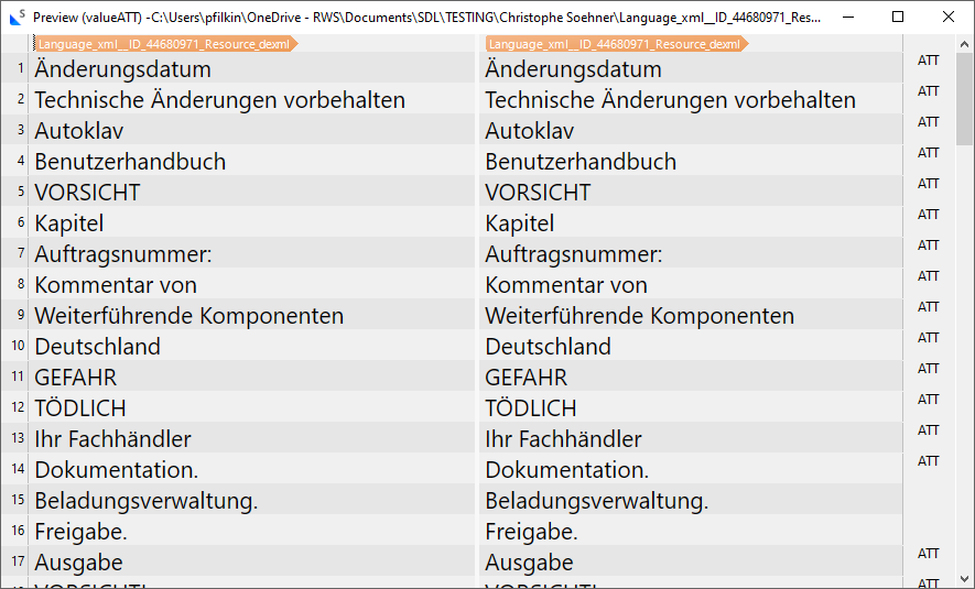 Screenshot of a Trados Studio preview window showing two columns with German text entries, including terms like ' nderungsdatum', 'Technische  nderungen vorbehalten', and 'GEFAHR'.