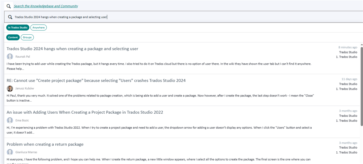 Search results for 'Trados Studio 2024 hangs when creating a package and selecting user' in the Knowledgebase and Community, showing multiple related discussions.
