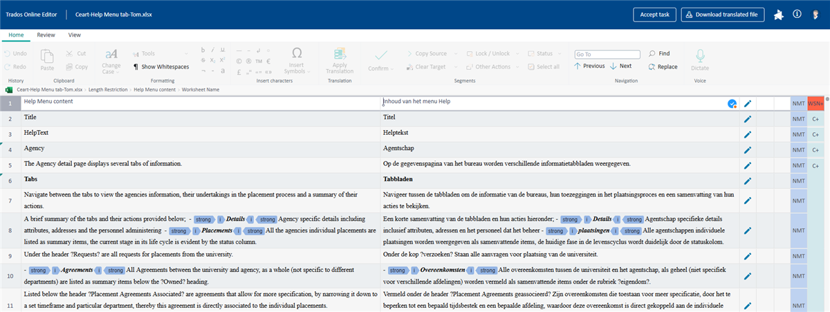 Screenshot of Trados Online Editor showing a translated Excel file with columns for source and target text, including a toolbar with options like 'Accept task' and 'Download translated file'.