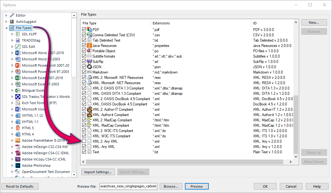 Trados Studio options window showing the File Types section. An arrow points to the 'XML: Any XML' file type, which is checked, with instructions to uncheck it.