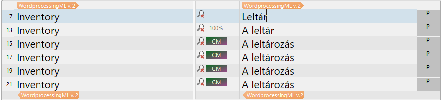 Trados Studio interface showing segments with 'Inventory' translated to 'Leltar' and 'A leltarozas' with CM status and track changes icons.