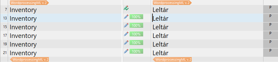 Trados Studio interface showing segments with 'Inventory' translated to 'Leltar' with 100% match status and no track changes icons.