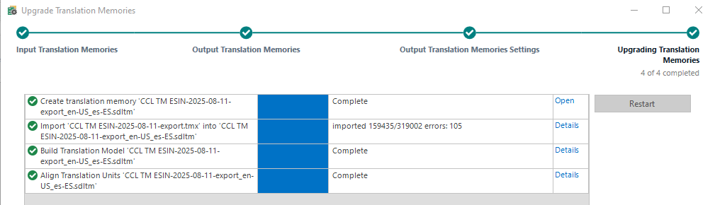 Trados Studio upgrade process showing four steps completed: creating translation memory, importing TMX file, building translation model, and aligning translation units.