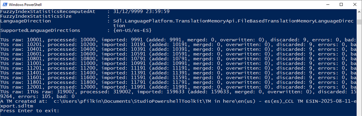 PowerShell output displaying translation memory processing details, including TUs processed, imported, discarded, and errors. Final stats show 159,633 TUs imported and 159,369 discarded.