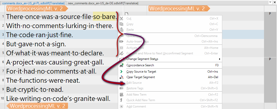 Trados Studio editor view showing a WordprocessingML v. 2 file with a poem-like text. A right-click menu is open, displaying options like 'Change Segment Status' and 'Concordance Search'.