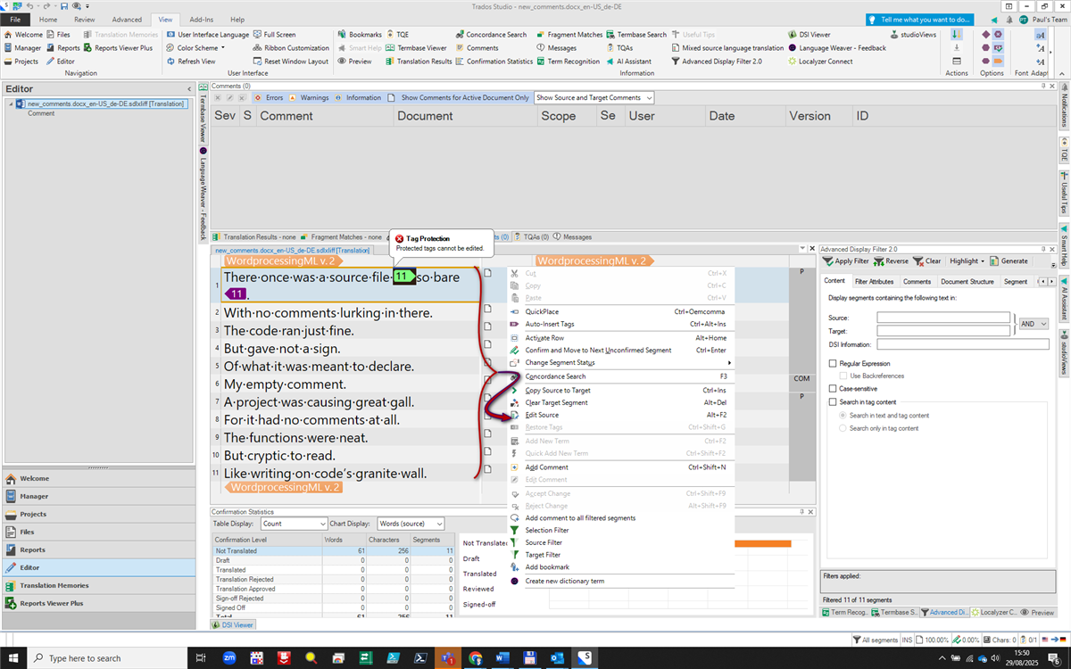 Trados Studio interface with an open WordprocessingML v. 2 file. A tag protection warning is visible, and the right-click menu shows options for editing and segment actions. The bottom pane displays confirmation statistics.