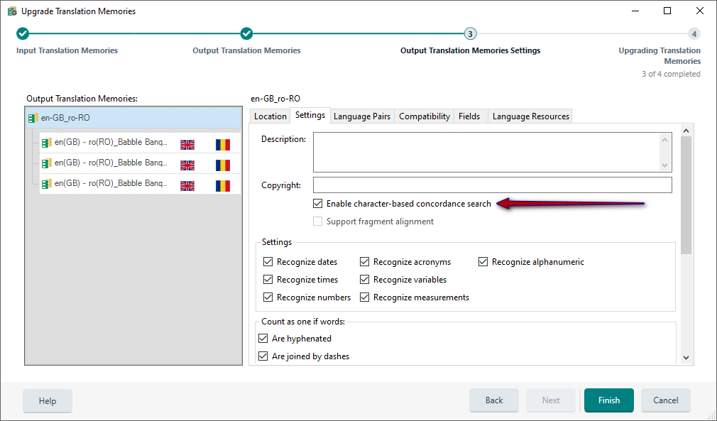 Screenshot of the Upgrade Translation Memories window in Trados Studio, showing the Output Translation Memories tab with settings for en-GB to ro-RO. A red arrow points to 'Enable character-based concordance search' checkbox.