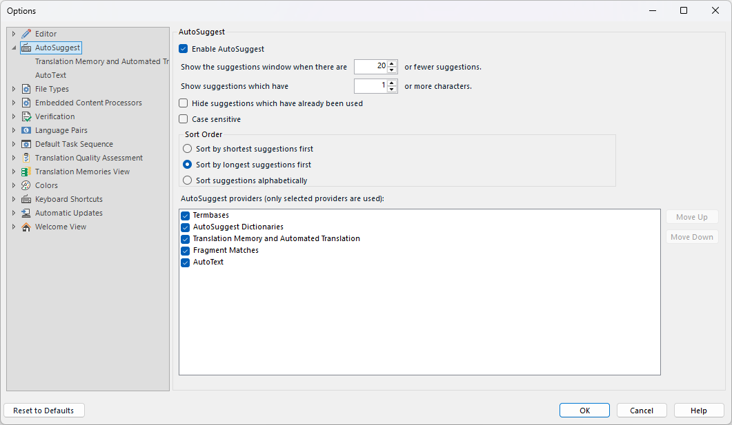 Trados Studio AutoSuggest settings window showing options to enable AutoSuggest, set suggestion limits, and select AutoSuggest providers like Termbases and AutoText.