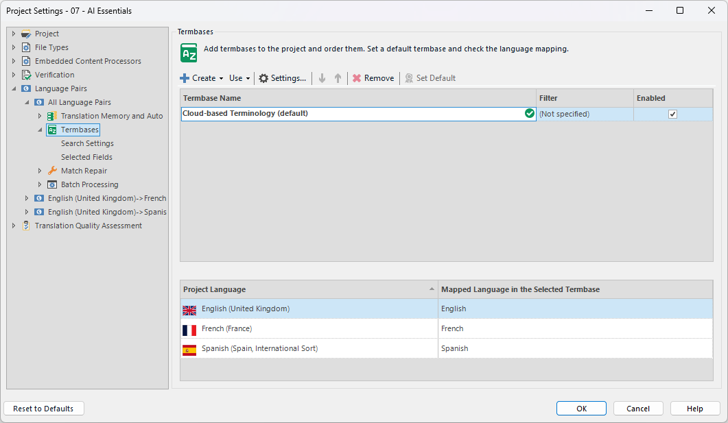 Trados Studio project settings window showing Termbases section with 'Cloud-based Terminology (default)' selected. Project languages include English, French, and Spanish with mapped languages.