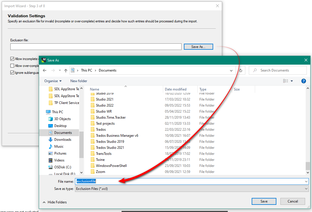 Trados Studio Import Wizard showing Validation Settings with an empty 'Exclusion file' field and a 'Save As' button highlighted, indicating where to save the exclusion file.