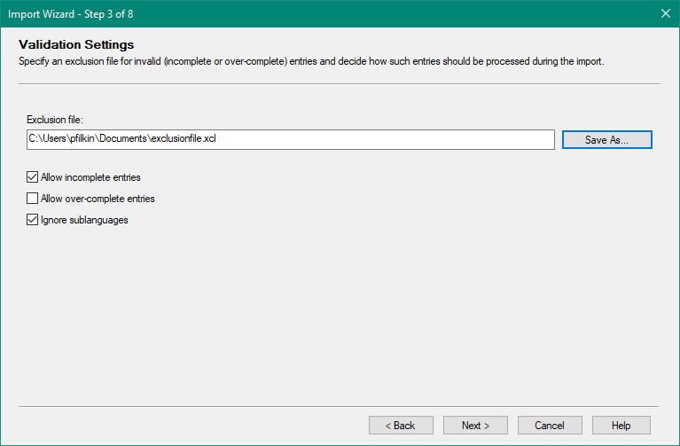 Trados Studio Import Wizard with 'Exclusion file' field filled with a file path, and checkboxes for 'Allow incomplete entries' and 'Ignore sublanguages' selected.
