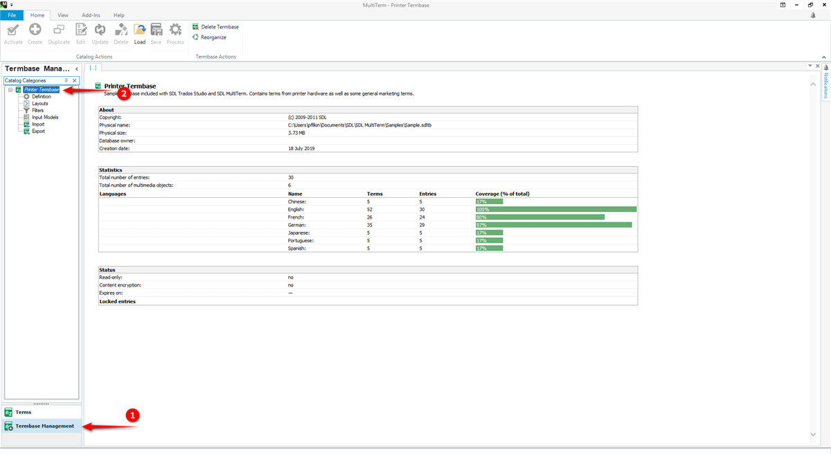 Trados Studio screenshot showing Termbase Management view with a selected Printer Termbase. Statistics reveal 30 total entries and language coverage percentages. Red arrow points to Termbase Management tab.