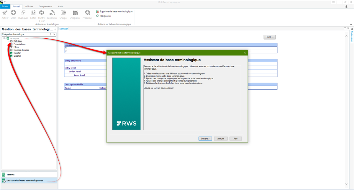 Screenshot of Trados Studio's MultiTerm with the 'Termbase Wizard' window open, showing steps for creating or editing a termbase. The 'Definition' tab is highlighted in the 'Termbase Management' menu.