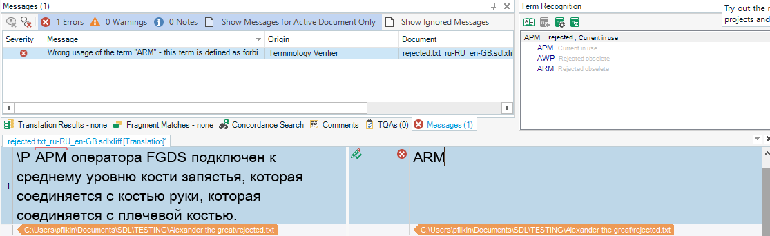 Trados Studio interface displaying one error in the Messages panel indicating wrong usage of the term 'ARM', with Term Recognition panel showing the term ARM as 'Rejected obsolete'.