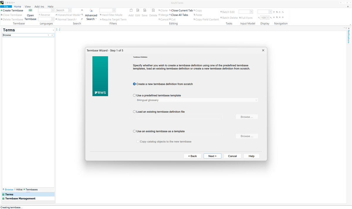 Trados Studio MultiTerm interface with TermBase Wizard open, showing options to create a new term base definition from scratch or use a predefined template.
