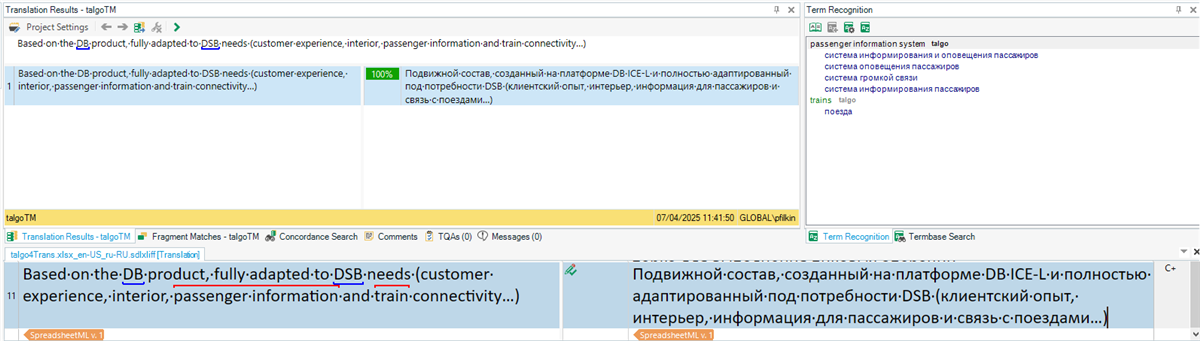 Screenshot of a translation software interface displaying a 100% match for a term in a translation memory. The term is highlighted in green, indicating a successful match. No visible errors or warnings.
