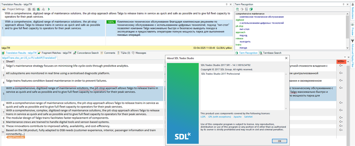 Screenshot of SDL Trados Studio 2017 software with multiple windows open, showing a translation project for 'TalgoTM'. The Term Recognition pane is visible with terms and their translations. No visible errors or warnings are present.