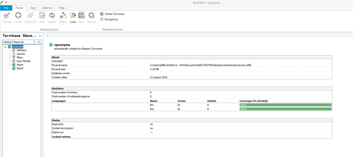 Screenshot of the Termbase Management View in MultiTerm showing termbase details, including termbase name 'synonyms', statistics, languages EN and RO, and coverage at 100%.