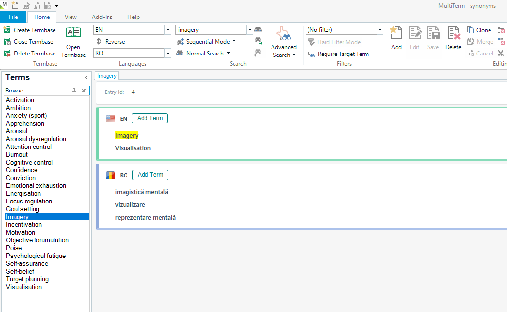 Screenshot of the MultiTerm interface showing the term 'Imagery' in English and its Romanian translations, with a list of terms on the left and search options at the top.