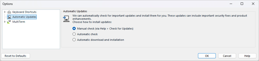 Options window showing Automatic Updates settings with three radio button options: Manual check, Automatic check, and Automatic download and installation. OK, Cancel, and Help buttons are visible.
