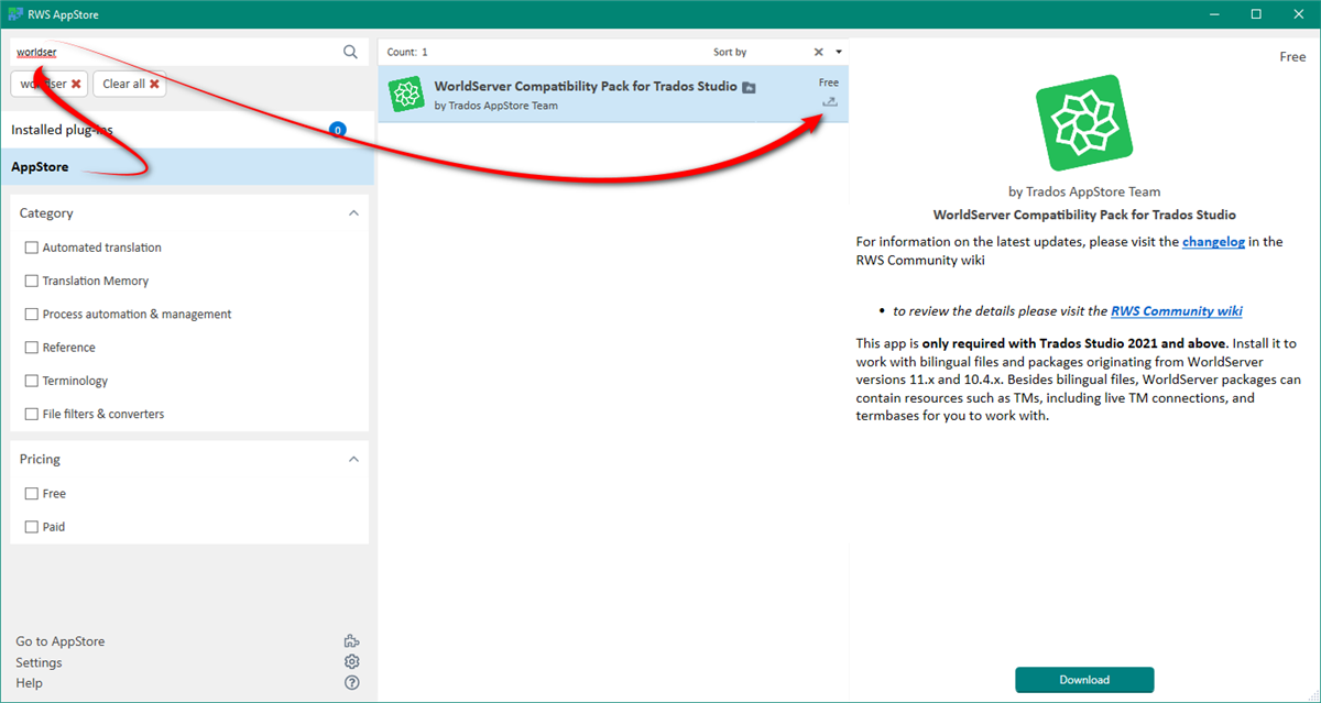 Screenshot of RWS AppStore in Trados Studio showing WorldServer Compatibility Pack for Trados Studio with a red arrow pointing from the 'Installed plugins' tab to the 'AppStore' tab.