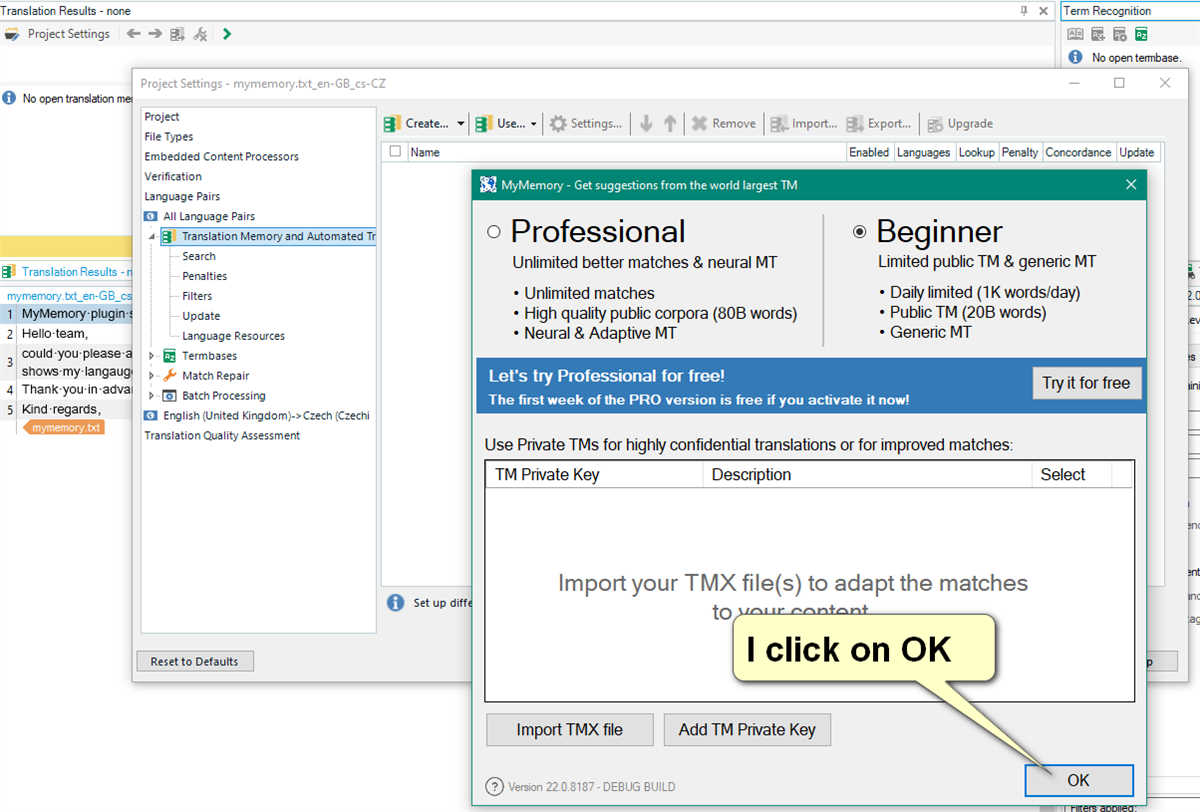 Trados Studio Project Settings window showing MyMemory plugin being added to the list of providers with an 'OK' button highlighted.