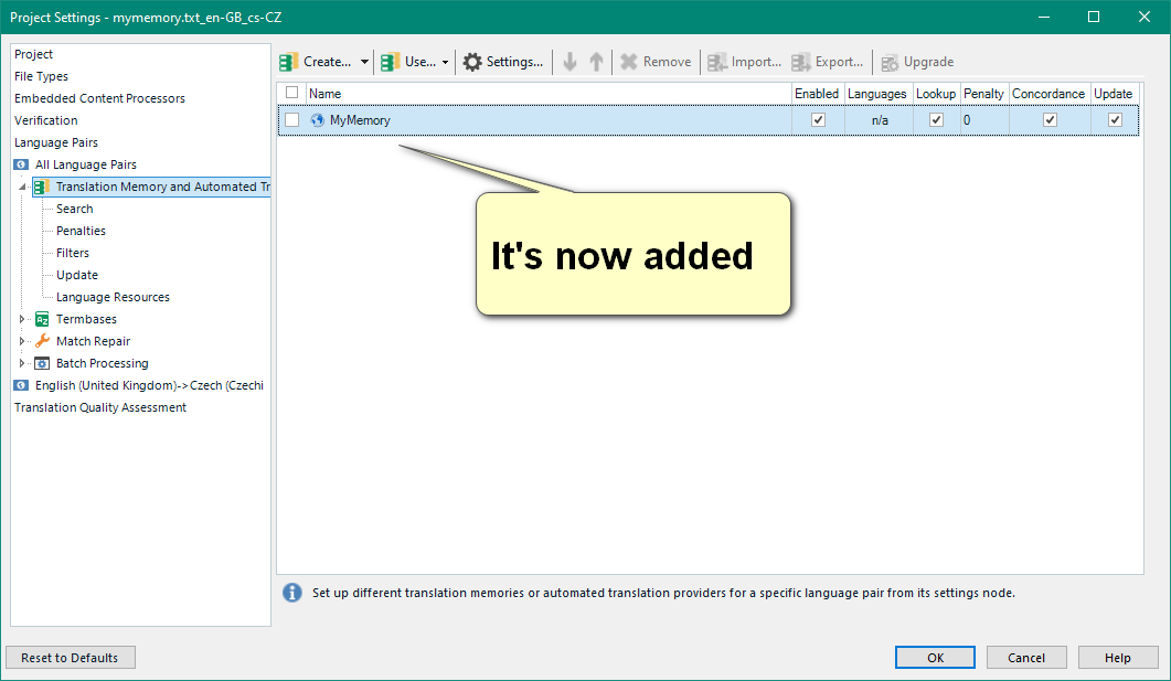 Confirmation message in Trados Studio indicating 'It's now added' referring to the MyMemory plugin in the Project Settings.