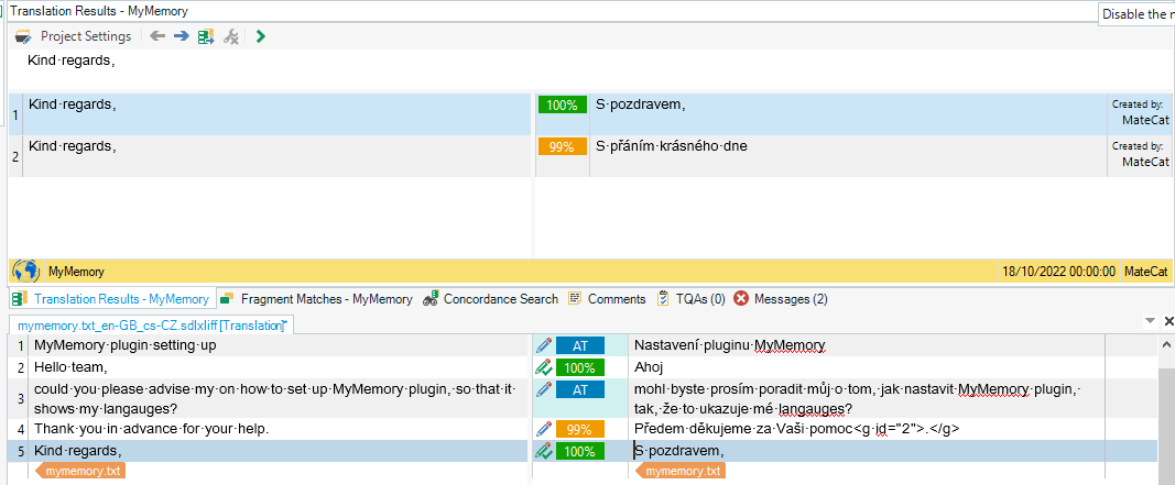 Trados Studio Translation Results window displaying MyMemory translation matches with 100% and 99% accuracy for the phrase 'Kind regards'.