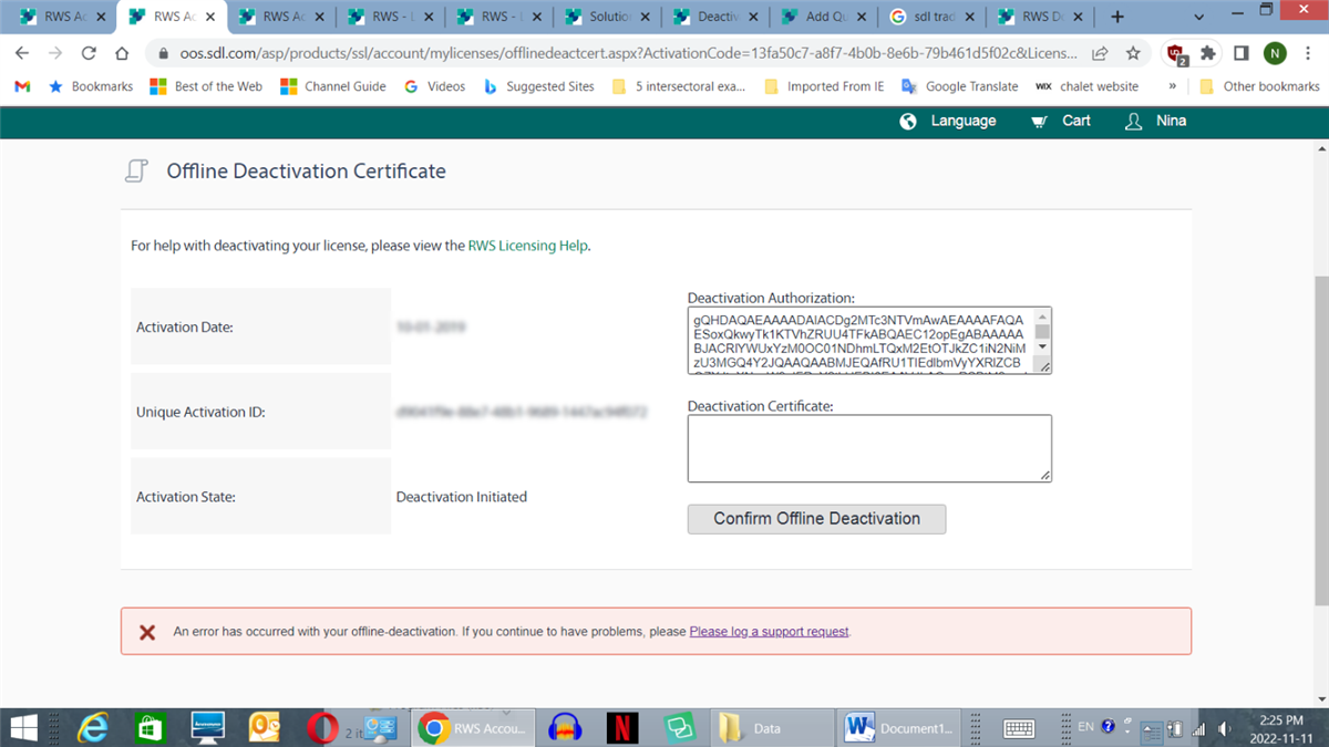 Offline Deactivation Certificate page with an error message 'An error has occurred with your offline-deactivation' and a prompt to log a support request.