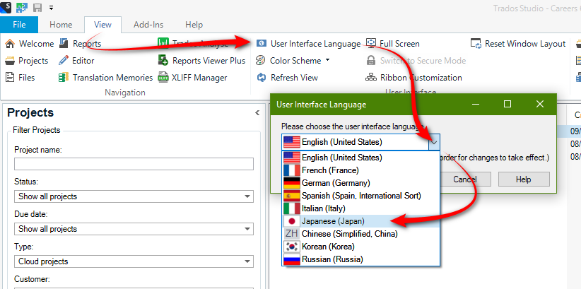 Trados Studio menu showing steps to change User Interface Language with options in English, arrows pointing to 'View' and language selection.